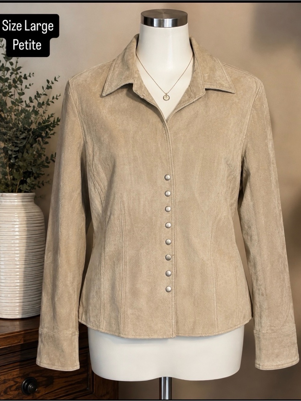 Coldwater Creek 100% Leather Snap Front Jacket Tan Size PL Petite Large